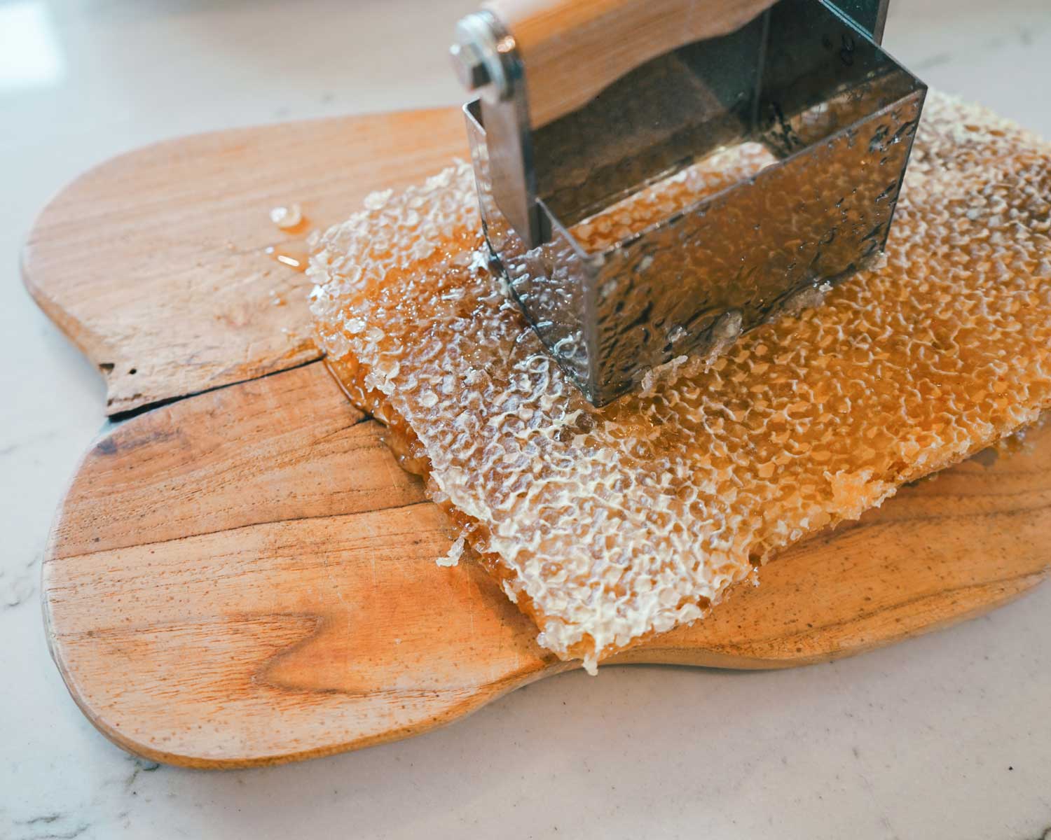 Honeycomb on a wooden board with a honey extractor